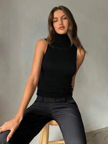 Aloruh 女士秋冬新款高领无袖紧身罗纹黑色背心毛衣，适合日常穿着 - 黑色 - 查看 3