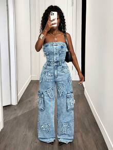 BamGleam 女式十字绣挂脖阔腿牛仔连体裤 - 中等水洗藍 - 查看 3