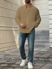Manfinity Homme Camisa casual de diseño minimalista con botones delanteros, manga larga y hombros rectos, dunicolordo, para hombres de talla grande - Marrón - Ver 4