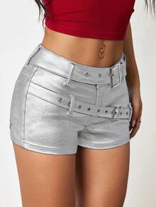 Jeanoix 女式低腰仿皮涂层短裤（配双腰带）