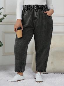 SHEIN CURVE+ Quần jeans túi hộp co giãn cao dành cho nữ cỡ lớn - Màu xám đen - Xem 4