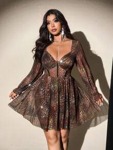 Viva Relle 大码女式性感V领长袖A字迷你紧身连衣裙，适合派对穿着 - 彩色 - 查看 4