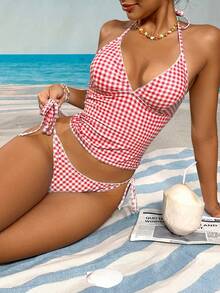 Swim Mod Sweet Cherry Plaid Bikini Set