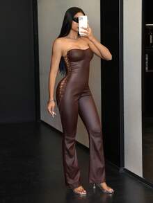 Jeanoix Women's Y2K Fashion Sexy Bandeau Tie Bow Coated Bodycon Flare Pants - Coffee Brown - View 5