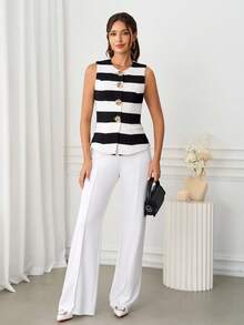 Ellevyn 女士黑白条纹无袖圆领金色纽扣前开襟夹克，春夏秋冬女装商务休闲女教师服秋季女士度假装女士商务休闲女装 - 黑與白 - 查看 6