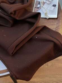 SHEIN PETITE Starry Sky Sequin Elastic Waist Casual Straight Leg Wide Leg Pants - Brown - View 6