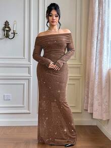 Roveilla Plus Size Rhinestone Embellished Off Shoulder Bodycon Maxi Party Dress - Khaki - View 6