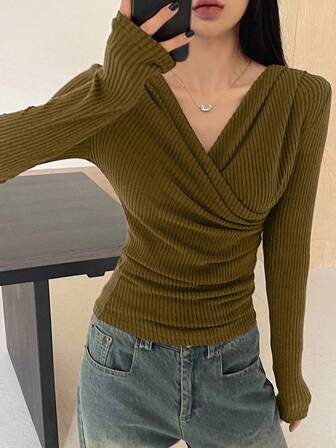 FRIFUL تي شيرت نسائي بأكمام طويلة وياقة على شكل حرف V من الفليس بلون أحادي، للارتداء اليومي