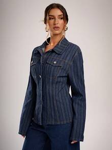 Avantive Striped Blue Denim Jacket Shirt Holiday Outfits For Women Casual Women Outfits - Dark Wash - View 3
