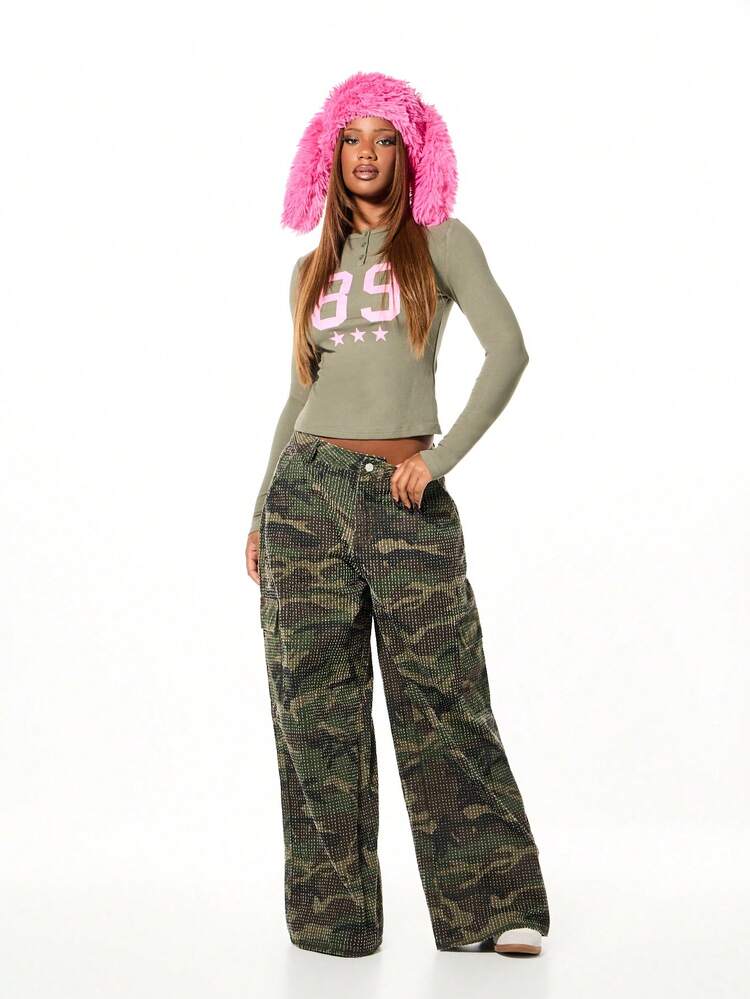 SUMWON WOMEN Sequined Camo Wide Leg Cargo Pants