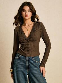 Poéselle 女士时尚休闲蕾丝边V领长袖T恤，优雅女式衬衫，棕色上衣，波西米亚风，舒适秋冬款，新年必备，适合日常穿着、外出、通勤等场合。 - 棕色 - 查看 2