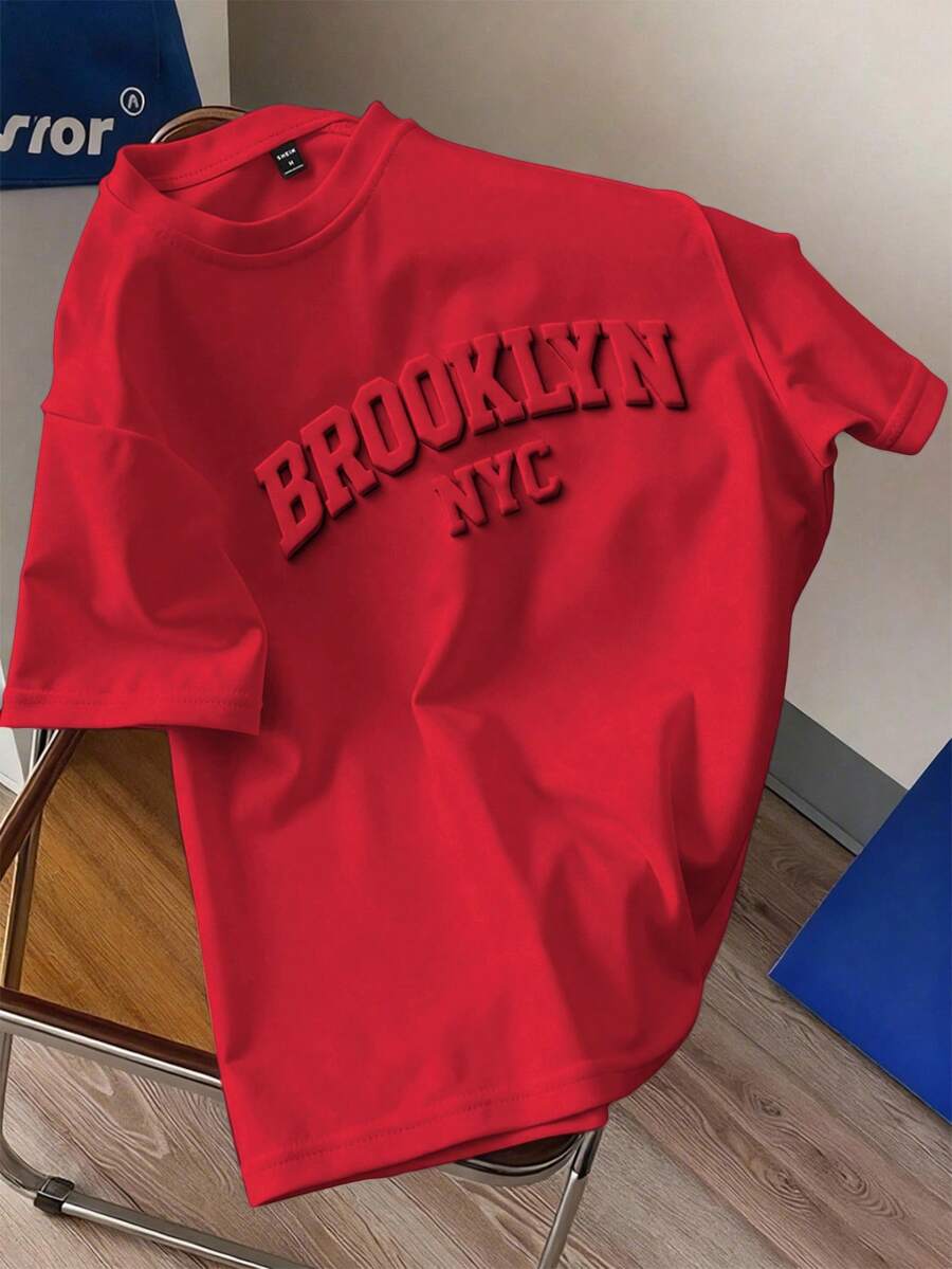 Manfinity Joysei Camiseta de manga corta casual y suelta con estampado de letra en relieve para uso diario y paseos, verano - Rojo - Ver 1