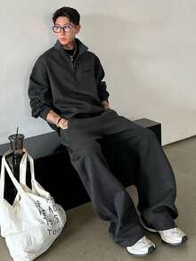 DAZY 男士纯色深灰色加厚套头卫衣套装，秋冬四分之一拉链款