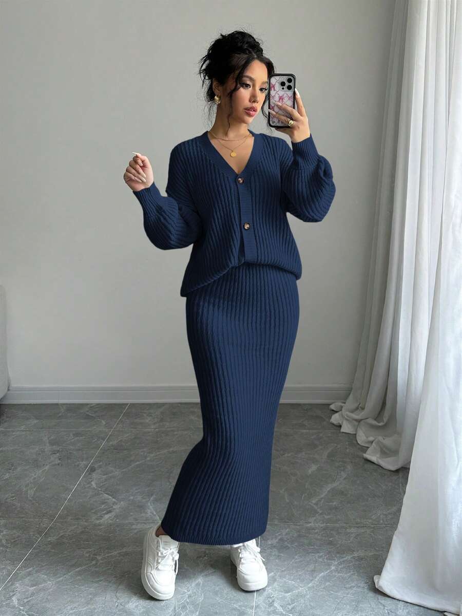 Elenzga Women's Solid Color Minimalist Long Sleeve Top And Skirt 2 Pieces Set - Royal Blue - View 1