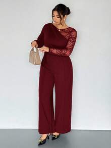 Firerie 大码优雅休闲通勤专业办公室工作日常假日性感派对商务蕾丝拼接长袖修身连体裤女式春秋季 - 酒紅色 - 查看 5