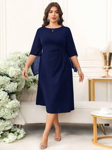 Reflora Váy hè thanh lịch cổ tròn tay lửng cỡ lớn, thắt eo - Màu xanh hải quân - Xem 6