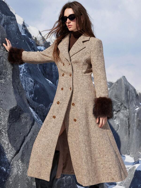 Aveloria Modichic Women's Thick Tweed Oversized Collar Double-Breasted Cuff Trim Coat