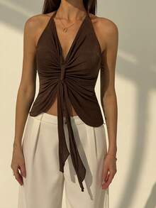 Aloruh 全新棕色音乐节性感露背细肩带深 V 领系带女式背心 - 棕色 - 查看 4
