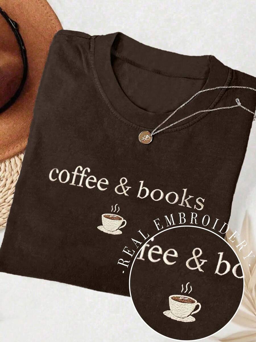 INAWLY 1 Áo thun cổ tròn thường ngày dành cho nữ có thêu họa tiết "Cà phê & Sách" - Rỉ Nâu - Xem 1