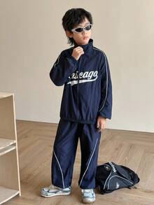 SHEIN 2 件青少年男孩休闲运动套装：插肩袖立领夹克，带装饰带和松紧腰裤，适合通勤、上学、日常休闲、旅行、运动，加厚羊毛，适合春季、夏季、秋季、冬季