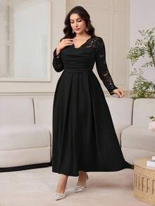 Modelyn Đầm midi tay phồng cổ chữ V màu trơn cỡ lớn, họa tiết lưới chắp vá eo - màu đen - Xem 3
