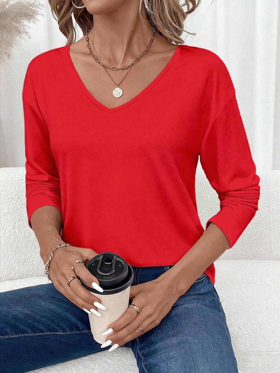 SHEIN LUNE Women's Casual Minimalist Regular V-Neck Long Sleeve T-Shirt, Suitable For Autumn/Winter, Christmas Red Top Women - Red - View 1