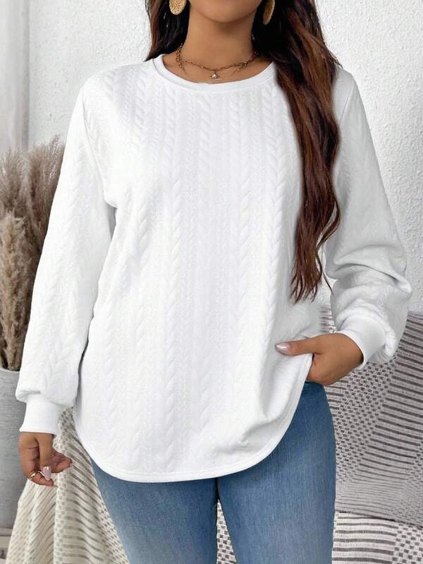 EMERY ROSE Plus Size Solid Color Round Neck Drop Shoulder Long Sleeve Loose Embossed Casual Sweatshirt/Winter