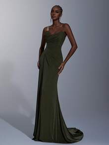 Elitara 优雅奢华银线针织单肩金属扣装饰褶皱美人鱼裙，适合宴会及其他场合，女士晚礼服，网纱正式连衣裙 - 綠色 - 查看 6