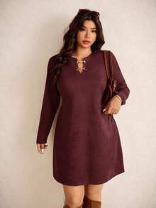 Elaquor Plus Size Women Casual Solid Color Short Dress Red/Winter - Burgundy - View 5