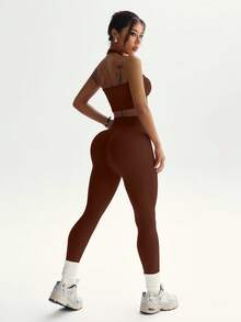 Dewbera 女式纯色简约休闲露背上衣和裤子运动套装 - 棕色 - 查看 6