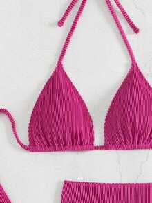 Costavie Bộ bikini dây cổ màu trơn đi biển mùa hè cho nữ kèm váy che, 3 chiếc - Màu Hồng Tươi - Xem 7