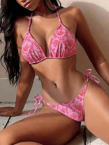 Swim Mod Summer Beach Ladies' Floral Print Halter Neck Bikini Set Valentine - Pink - View 7
