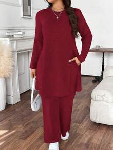 Calvaya Plus Size Women Casual Solid Color Long Top & Pant2 Piecesce Set - Burgundy - View 3