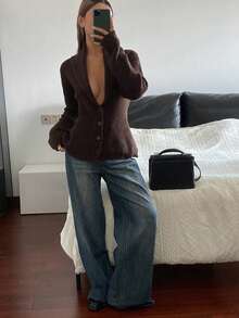 DAZY 休闲商务针织开衫，时尚休闲，秋冬 - 咖啡棕 - 查看 5