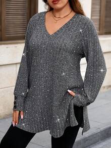 EMERY ROSE Blusa casual y cómoda de manga larga con cuello en V, botones decorativos y estampado salpicado de polvo enunicoloro y acanalado para mujer de talla grande - Gris Oscuro - Ver 3