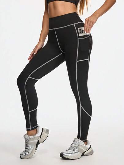 Eassivo Eassivo Women's Black High Waist Leggings With Contrast Stitching And Pockets,Butt-Lifting Compression Yoga Pants
