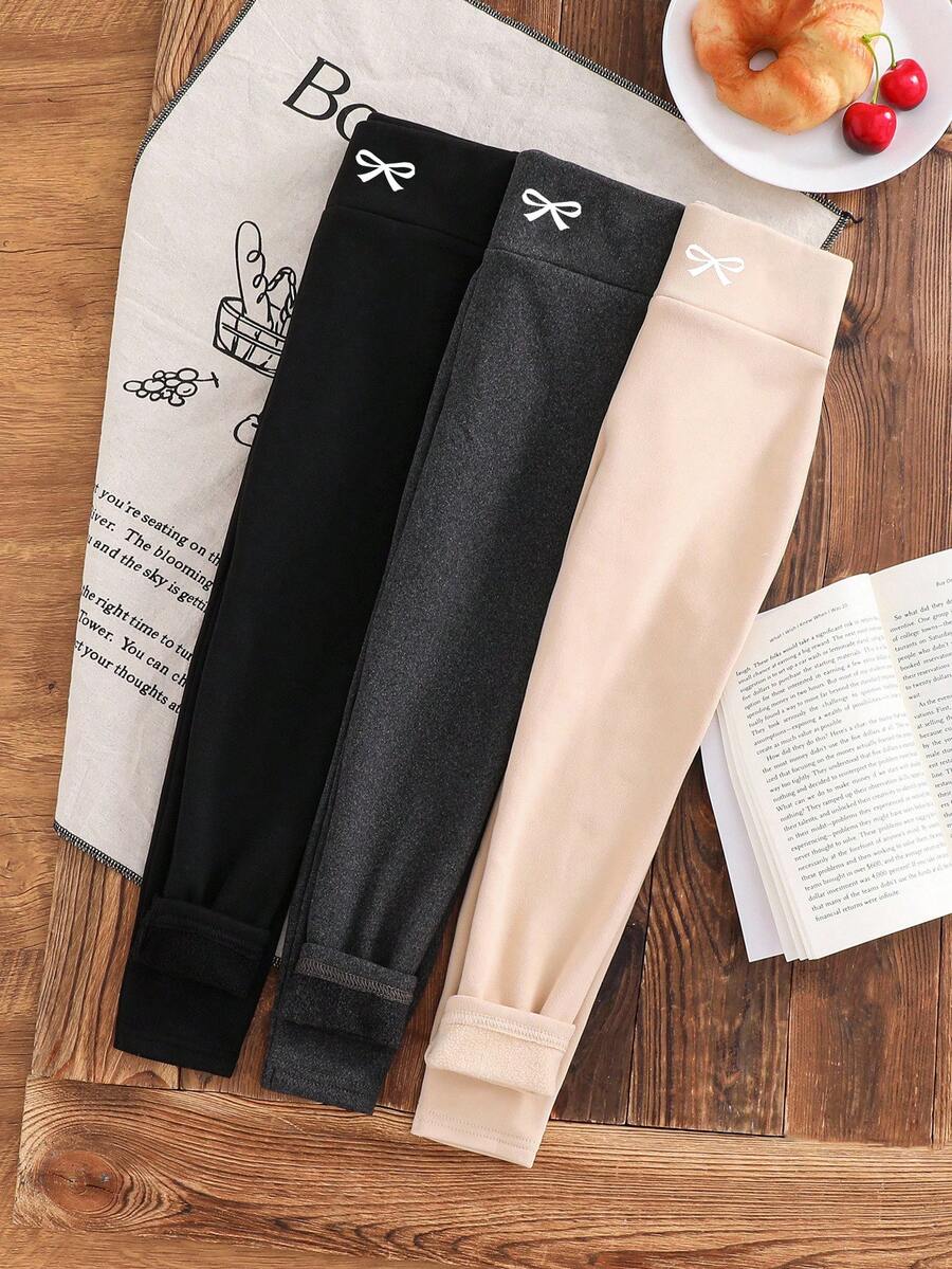 SHEIN LMoss Kids 3pcs/Set Young Girl Autumn/Winter Thick Thermal Lined Leggings In Black, Gray And Apricot. Buy 1 Get 3 All-Match Casual Thermal Lined Pants Black, Gray, And Beige Tight Leather Leggings As A Basic Casual Multi-Purpose Base Layer Bottom Set In A Three-Piece Pack. - Multicolor - View 1