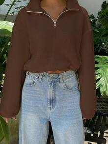 DAZY 女士纯色宽松休闲运动衫 - 棕色 - 查看 1