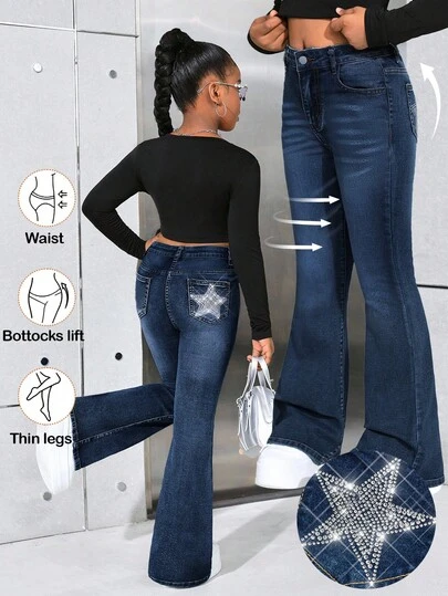 Tween Girls' Y2k Vintage Fashionable Sparkling Star Rhinestone Decor Blue Denim Stretch Flare Jeans,Casual And Versatile For Fall/Winter Dailywear And Streetwear,For Halloween And Christmas,New Year,Thanksgiving