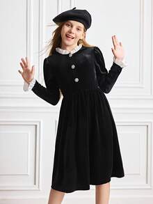 Tween Girl Elegant Color Block Patchwork Dress, Autumn/Winter - Black - View 4