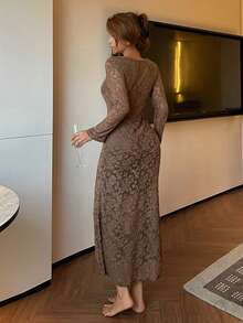 DAZY Sexy transparentes spitzenbesetztes lang geschnittenes Nachthemd für Frauen - Kaffeebraun - Übersicht 2