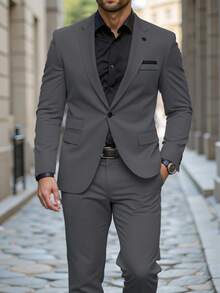 Manfinity Mode Men's Solid Color Regular Shoulder Long Sleeve Business Casual Suit Set Men Grey Suit