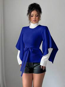 Elenzga Damen einfarbiger Pullover mit rundem Ausschnitt, Schlitzärmeln und Gürtel, Herbst/Winter - Königsblau - Übersicht 3