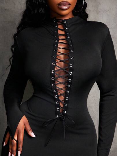 SHEIN SXY Plus Size Women's Autumn/Winter Sexy Casual Metal Eyelet + Criss-Cross Lace-Up Design Street Punk Style Bodycon Long Sleeve Mini Dress, Suitable For Halloween, Street Style, Outings, Rave Parties, Clubs