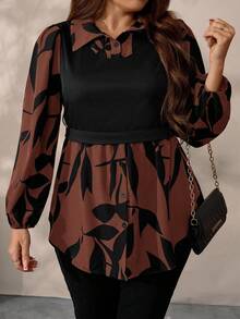 EMERY ROSE Atasan Kasual Rajut Patchwork Motif Bunga untuk Wanita Ukuran Besar, Musim Gugur/Dingin - Coffee Brown - View 5