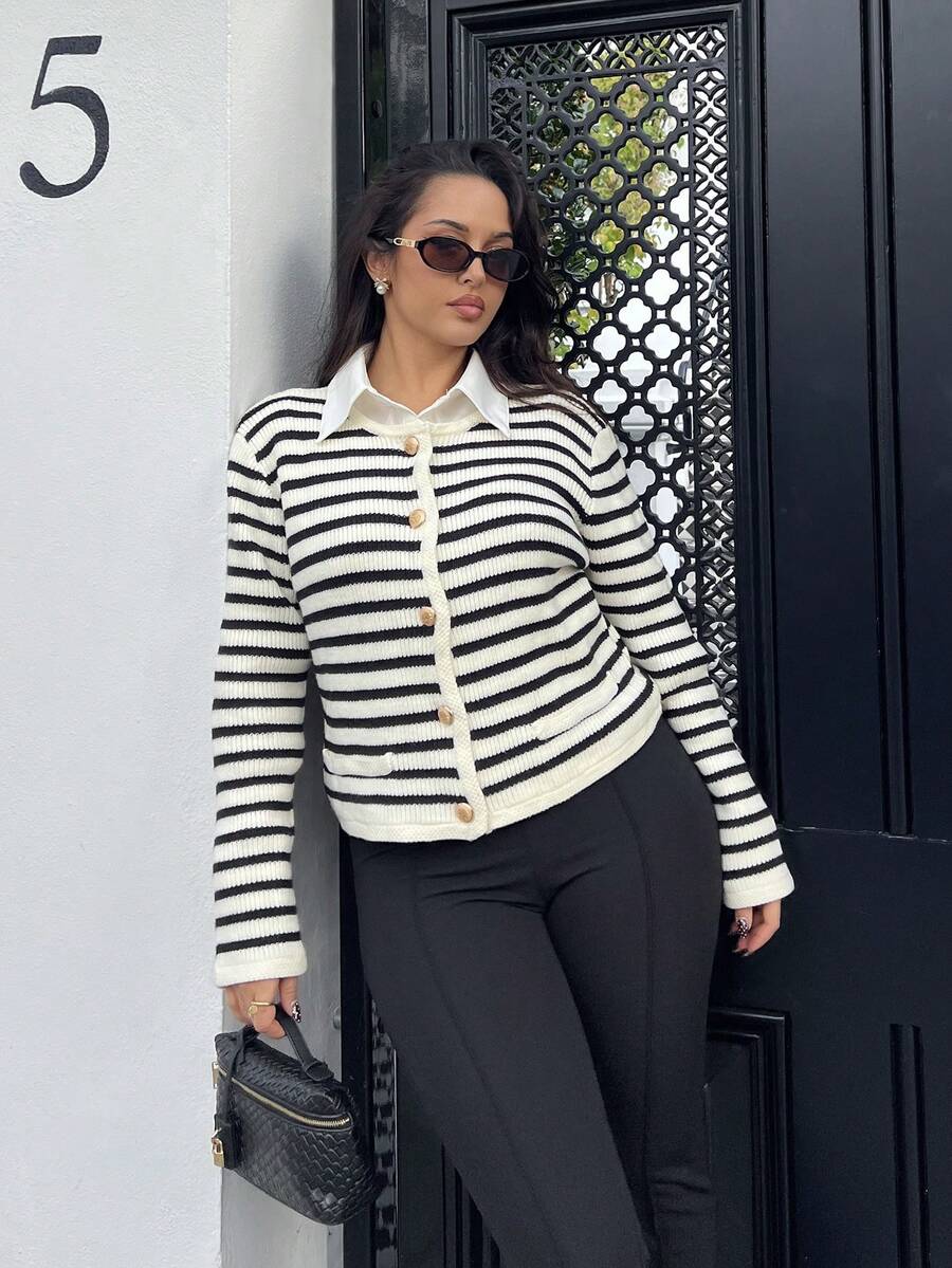 NegzBox New Autumn Old Money Women's Relaxed Fit Knit Cardigan In Striped Design With Wrist-Length Sleeves For Everyday Style Striped Cardigan Women Cardigan - Multicolor - View 1