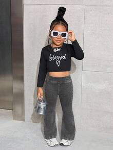 SHEIN بنطلون جينز أزرق مرن ضيق قصير للفتيات الصغيرات - رمادي - مشاهدة 5