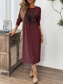 EMERY ROSE Women's Casual Letter & Eagle Graphic Split Hem Long Sleeve Dress, Autumn/Winter - Red Violet - View 3