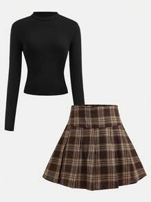 SHEIN Girlism 少女学院风校园装，黑色立领针织毛衣长袖 T 恤和棕色格子百褶裙两件套，休闲秋季 - 棕色 - 查看 10