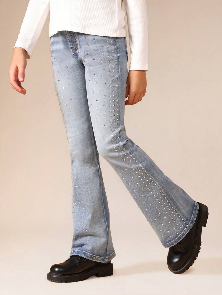 Embellished Flare Jeans With Pearl Studs